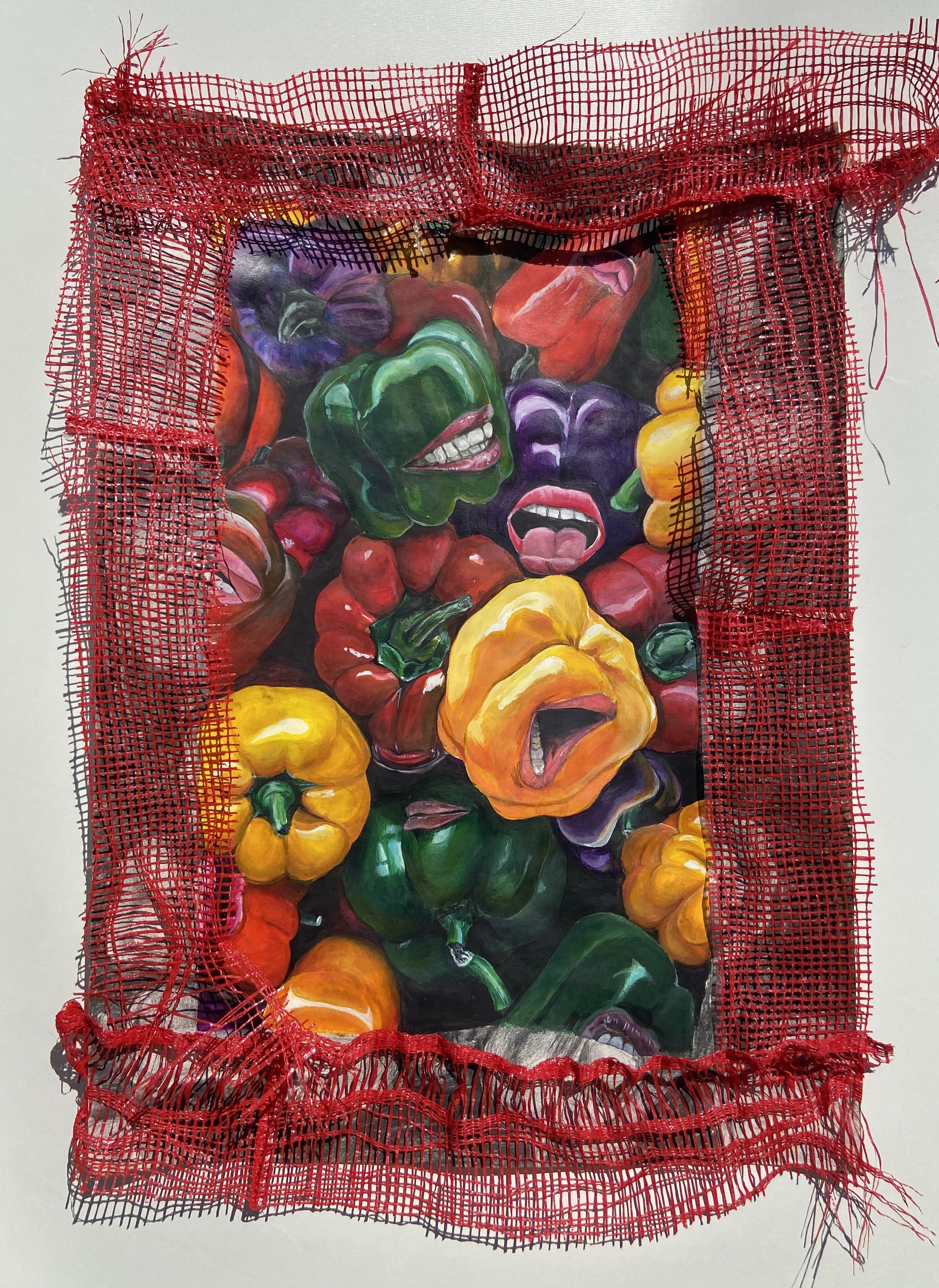 Sculptural textile work with painted bell pepper forms