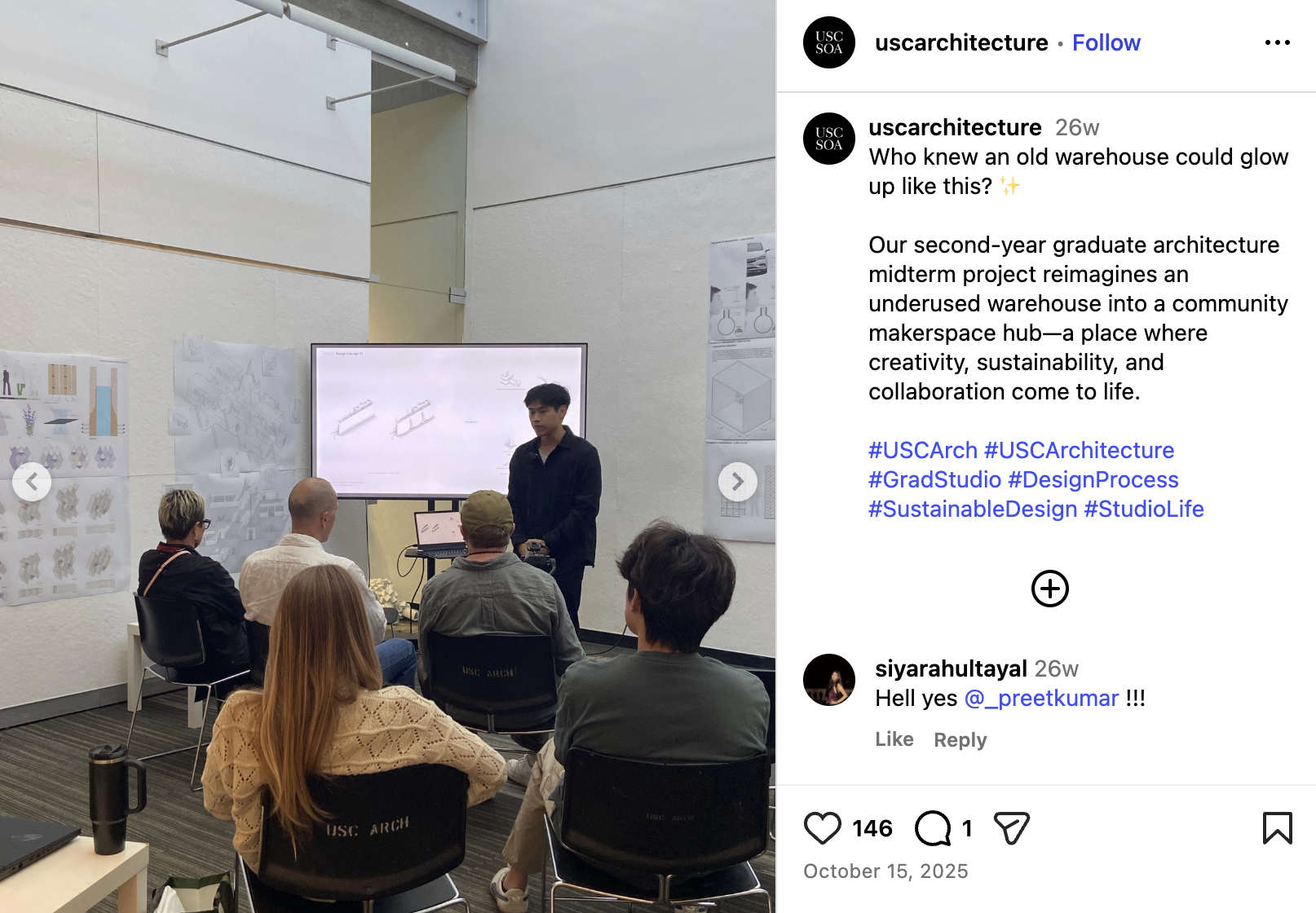 Social post from the USC Architecture series