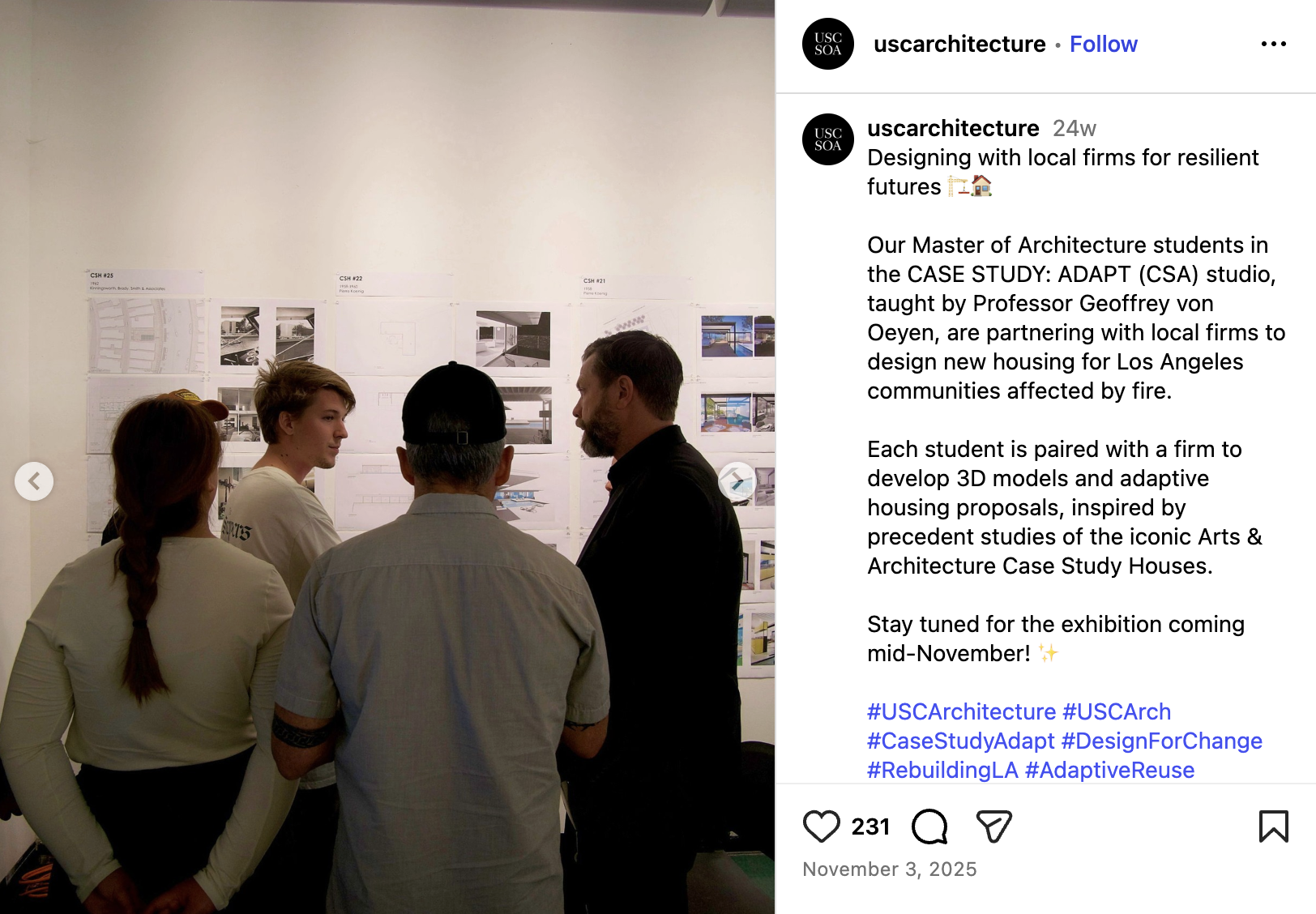 Social post from the USC Architecture series