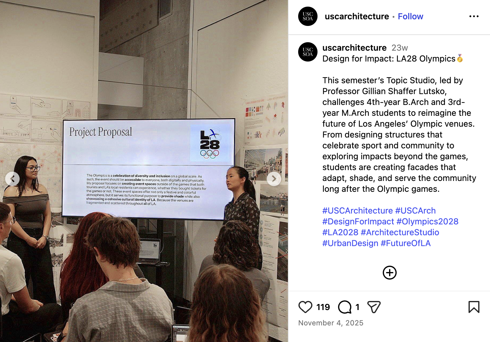 Social post from the USC Architecture series